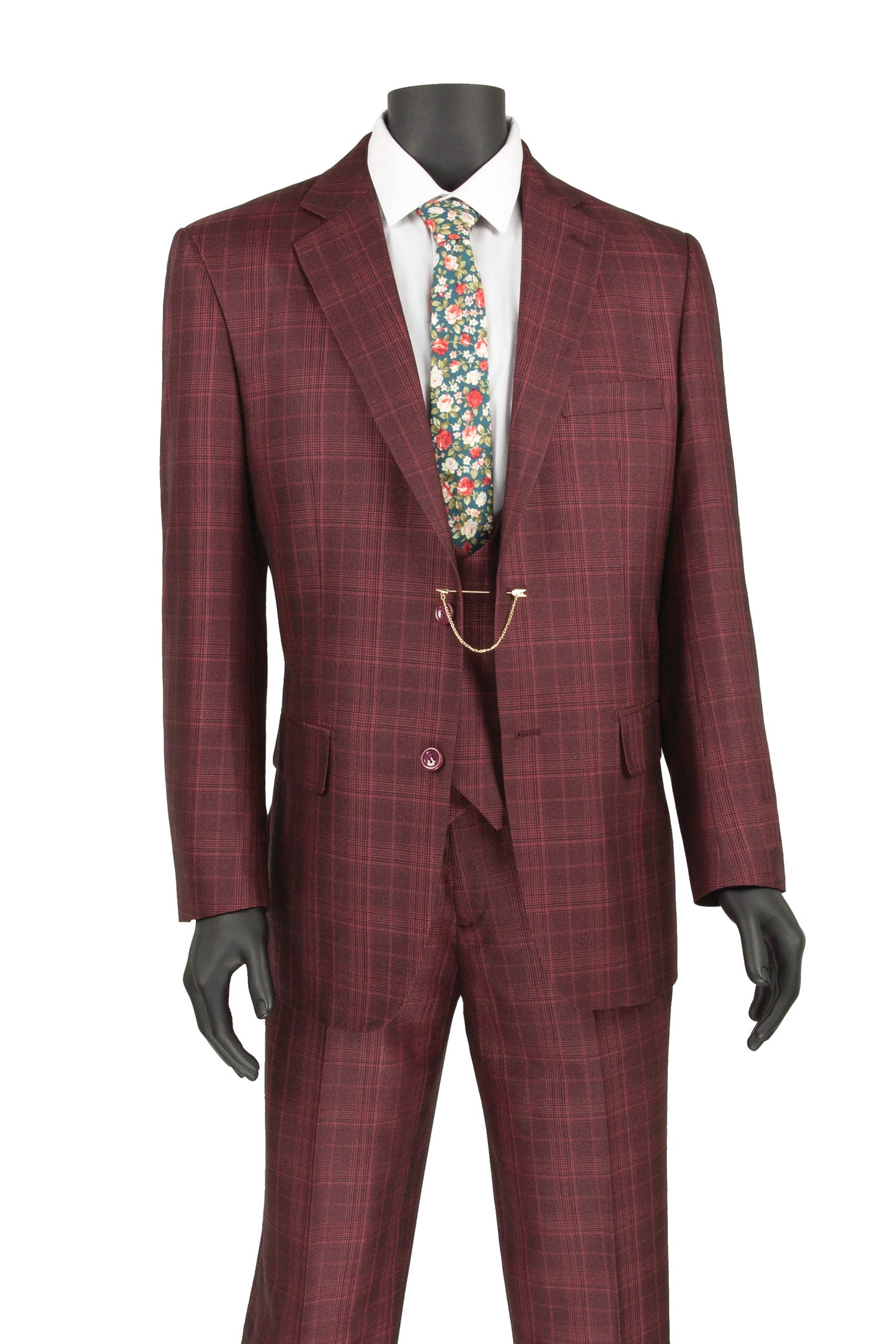 Vinci Classic Fit 3pc Plaid Suit (Burgundy)