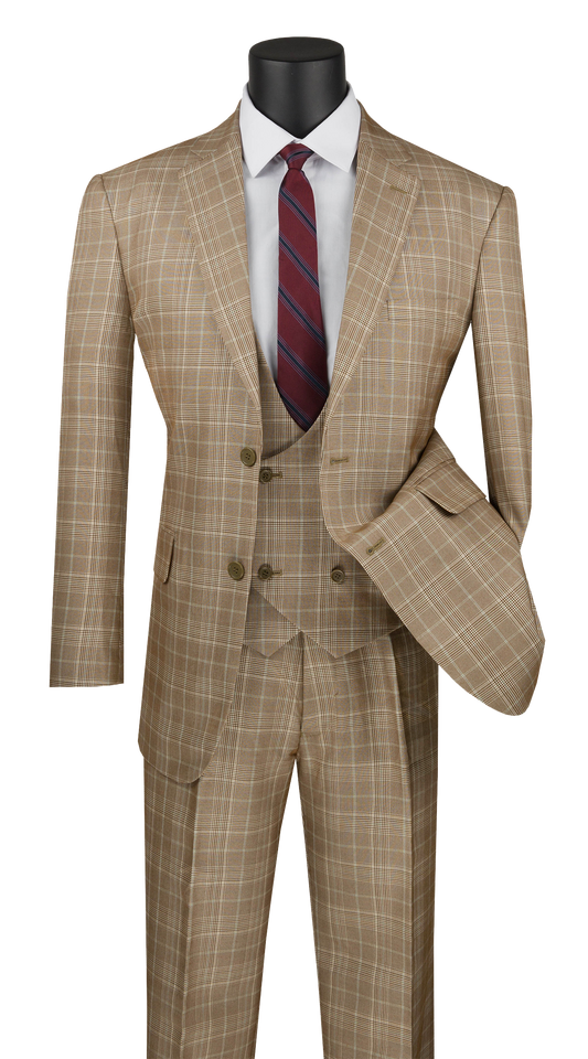 Vinci Classic Fit 3pc Plaid Suit (Camel)