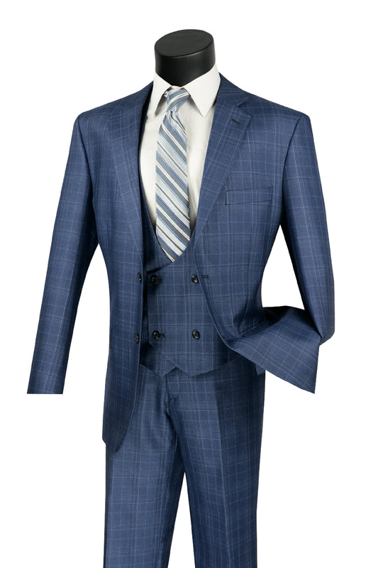 Vinci Classic Fit 3pc Plaid Suit (Oxford Blue)