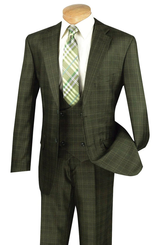 Vinci Classic Fit 3pc Plaid Suit (Olive)
