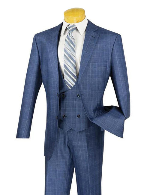 Vinci Classic Fit 3pc Plaid Suit (Oxford Blue)